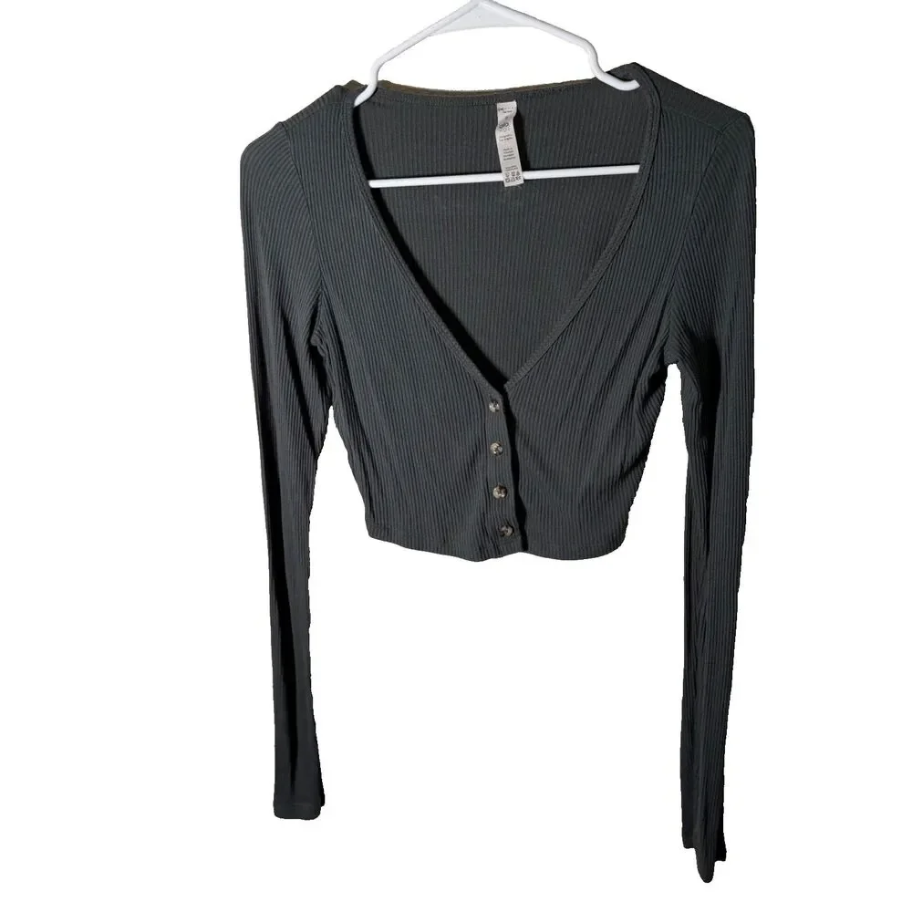 Alo Yoga T-Shirt Women's Small Green Ribbed Long Sleeve Cardigan Button Top